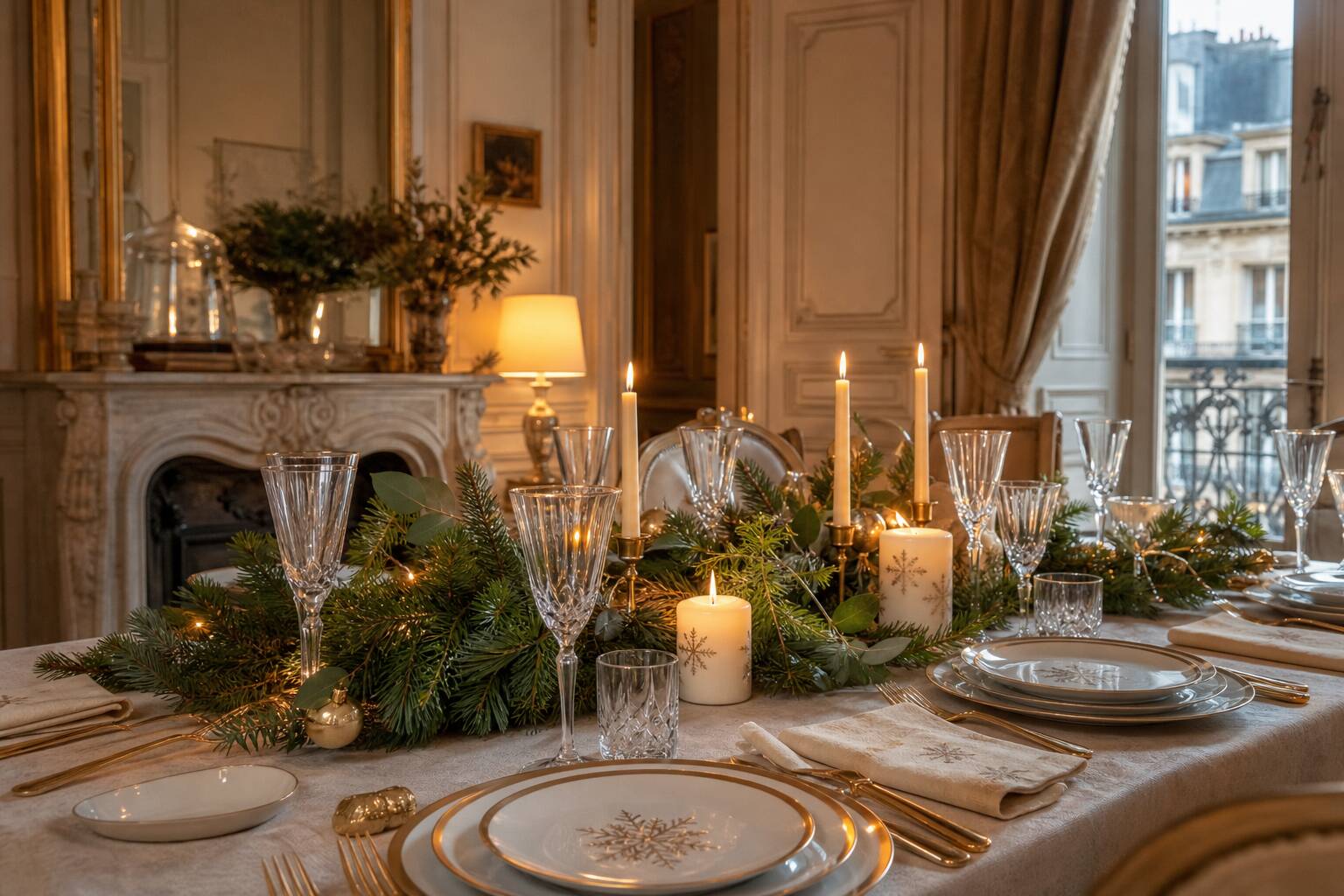 Table de Noël décorée avec élégance, bougies et vaisselle festive