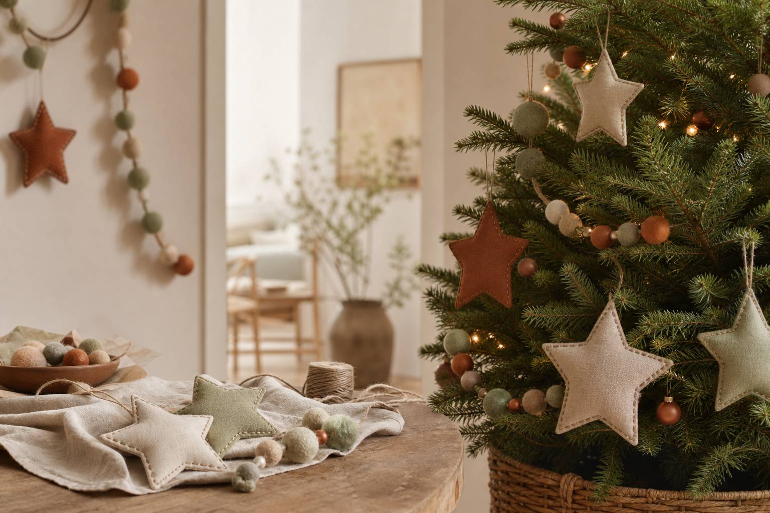 Decorations de Noel artisanales en tissu lin et feutrine sur fond chaleureux
