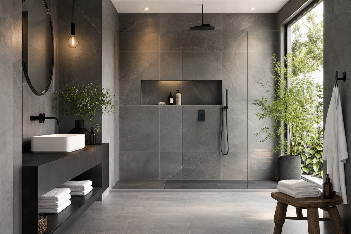 Douche italienne spacieuse carrelage ardoise gris et paroi verre