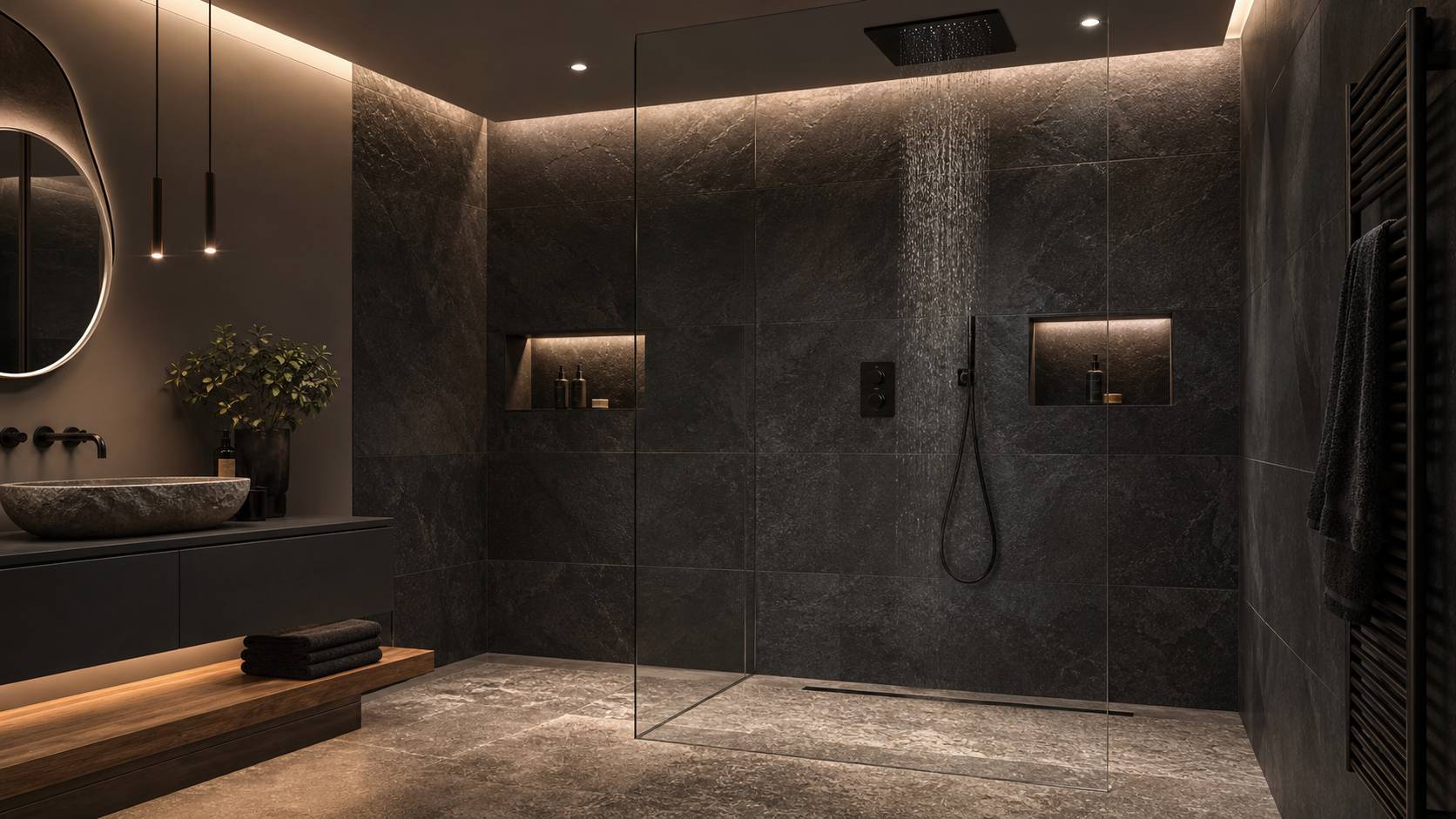 Douche italienne spacieuse carrelage ardoise gris et paroi verre