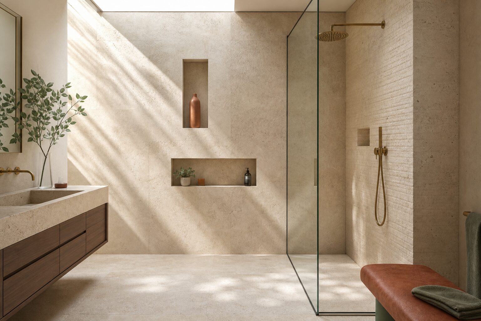 Douche à l'italienne en travertin avec niches et accessoires en laiton brossé