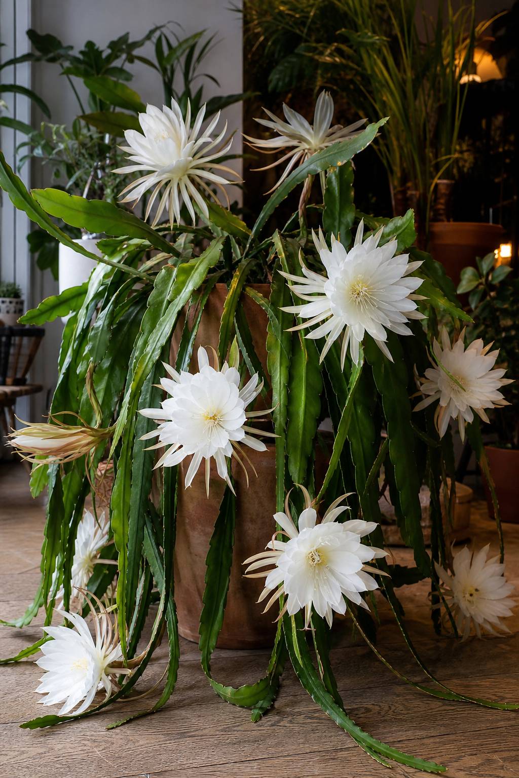 Epiphyllum à larges feuilles en pot terre cuite plante d intérieur floraison nocturne cascade verte