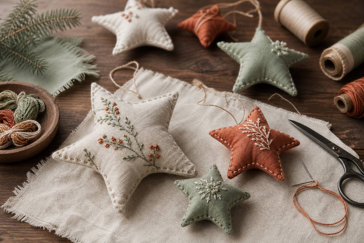 Etoiles de Noel en tissu faites main avec aiguille et fil sur table bois