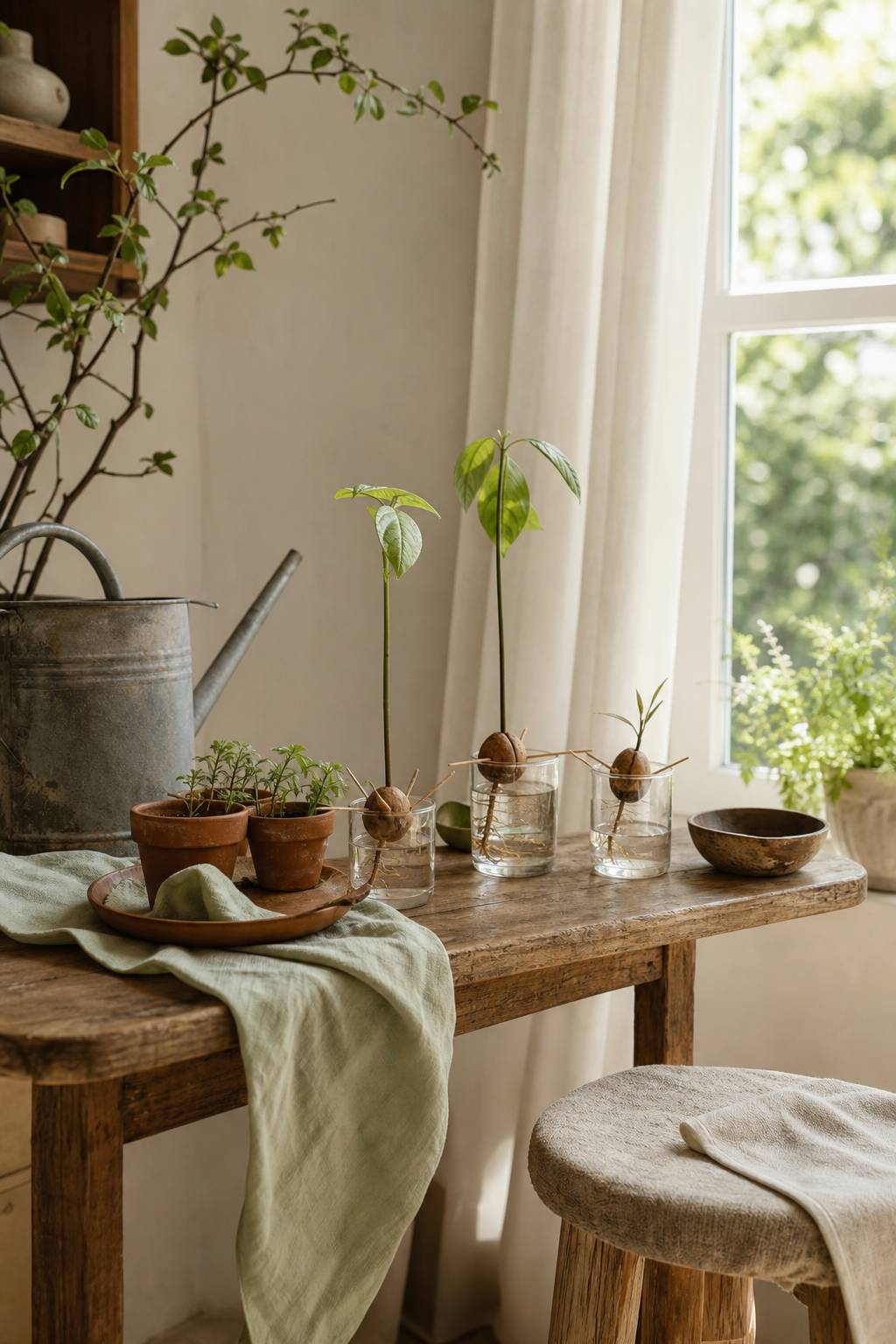 Pots en terre cuite et noyaux en germination sur une table en bois près d'une fenêtre