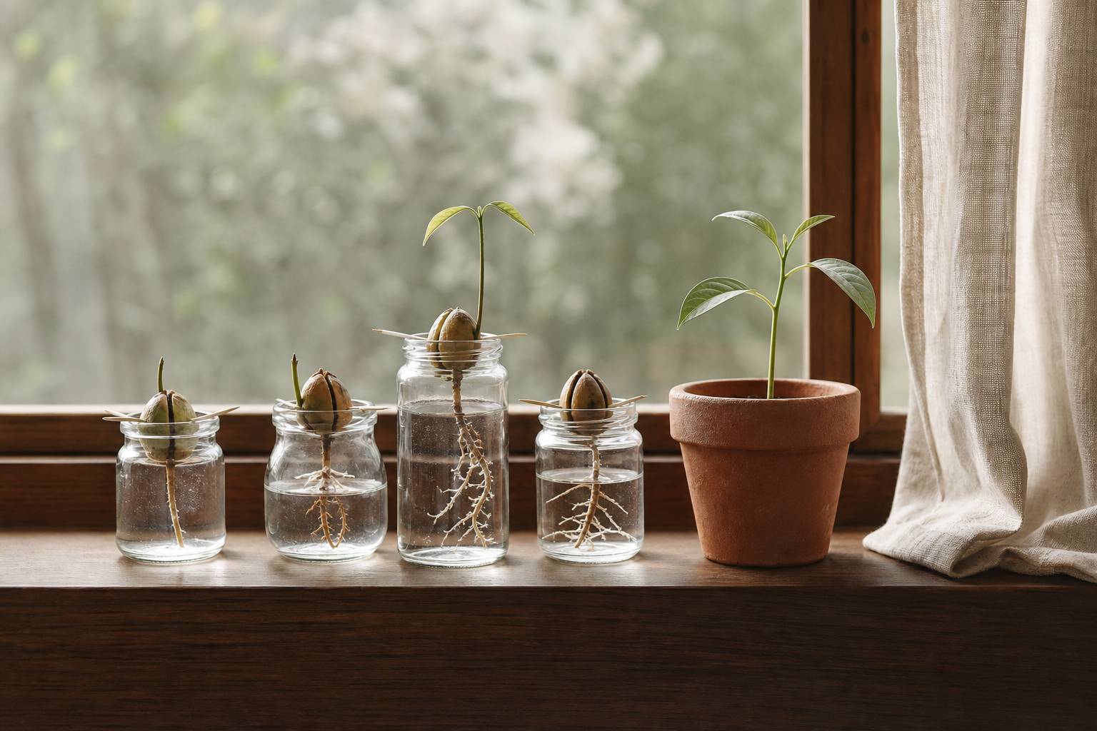 Noyaux d'avocat en germination dans des verres d'eau sur un rebord de fenêtre ensoleillé