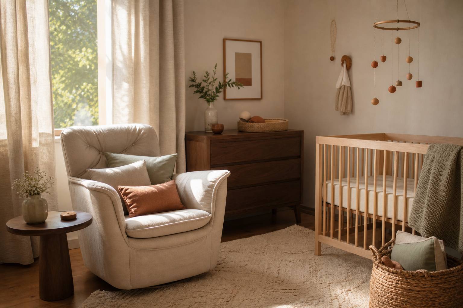 Chambre de bébé lumineuse avec fauteuil d'allaitement confortable aux coussins moelleux, lumière douce et ambiance cocooning