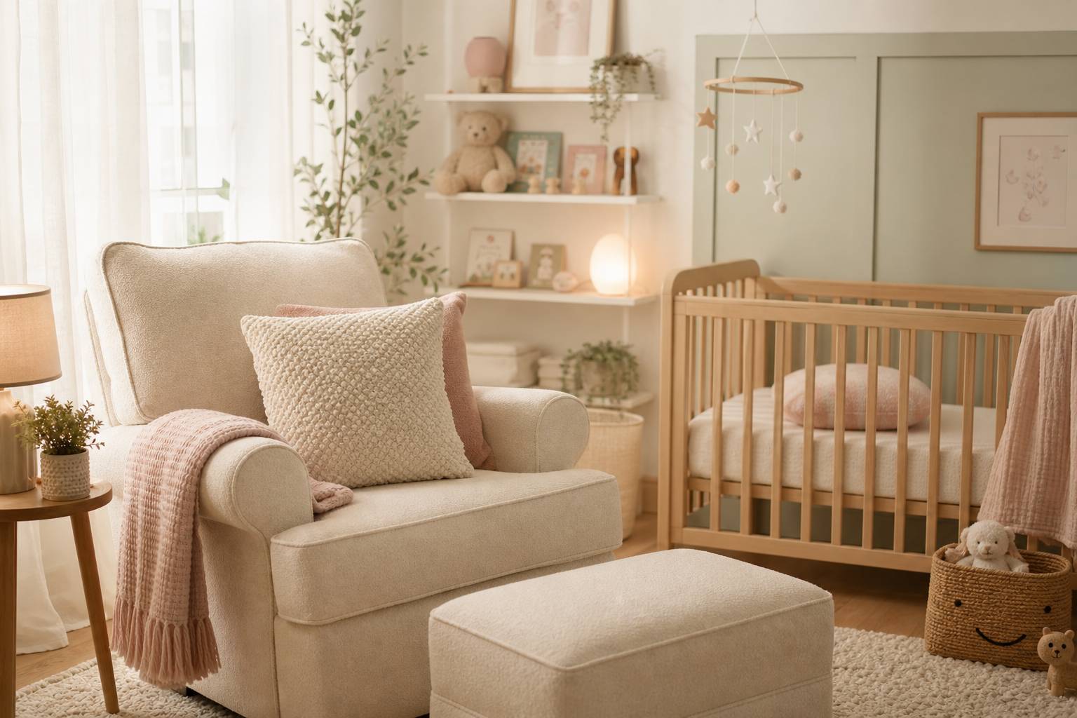 Fauteuil allaitement confortable dans chambre bébé avec coussins