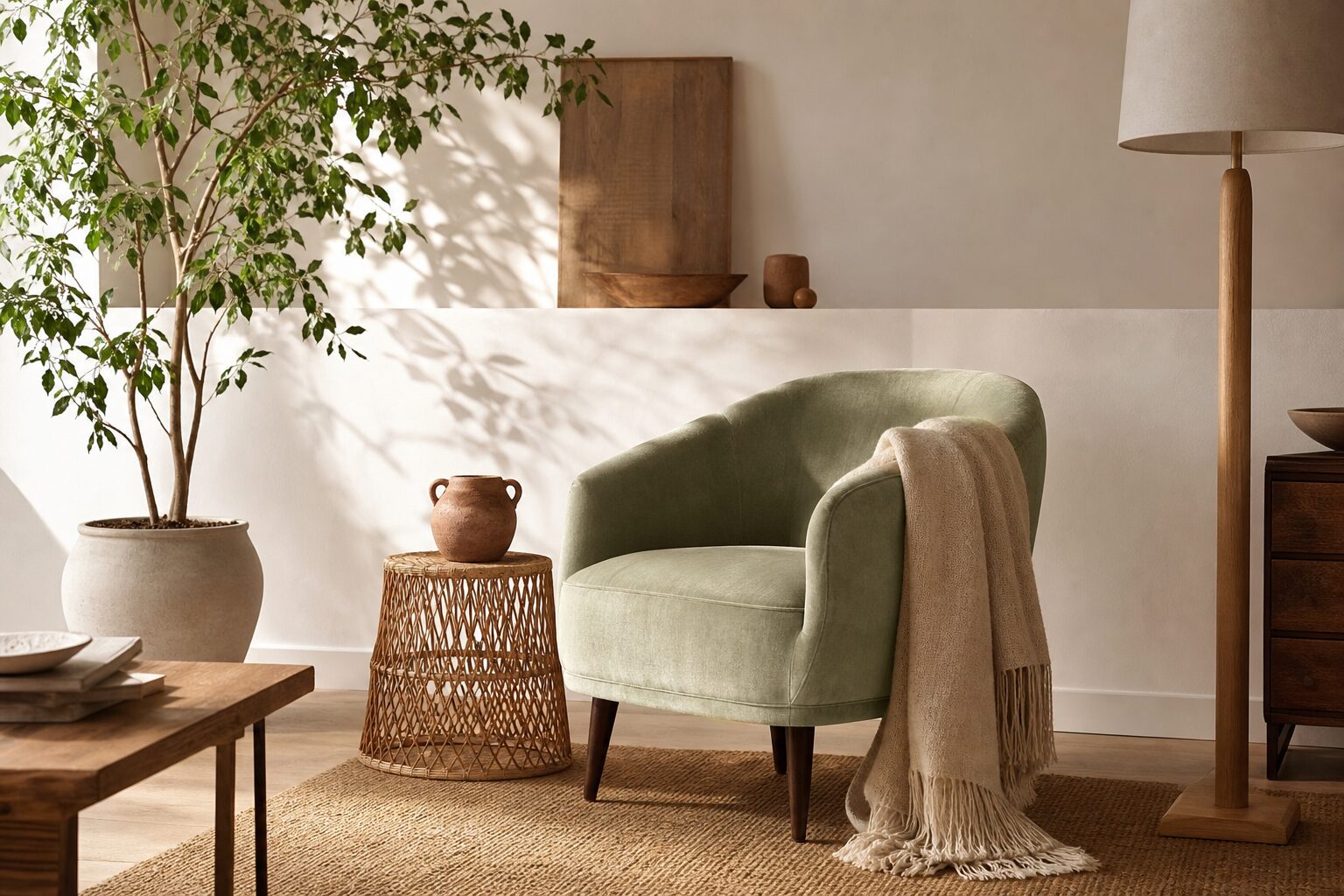 Fauteuil en velours vert sauge avec jeté en laine beige et lampadaire en bois clair dans un salon lumineux