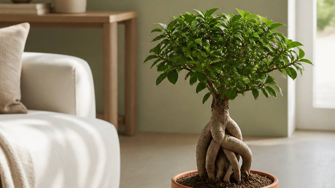Ficus ginseng bonsaï posé sur une table, intérieur moderne