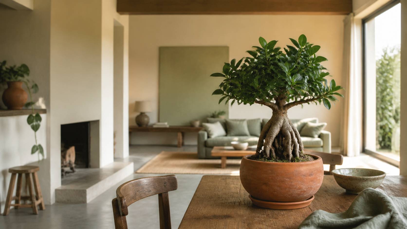 Ficus ginseng bonsaï en pot terracotta sur table bois intérieur lumineux plante décoration