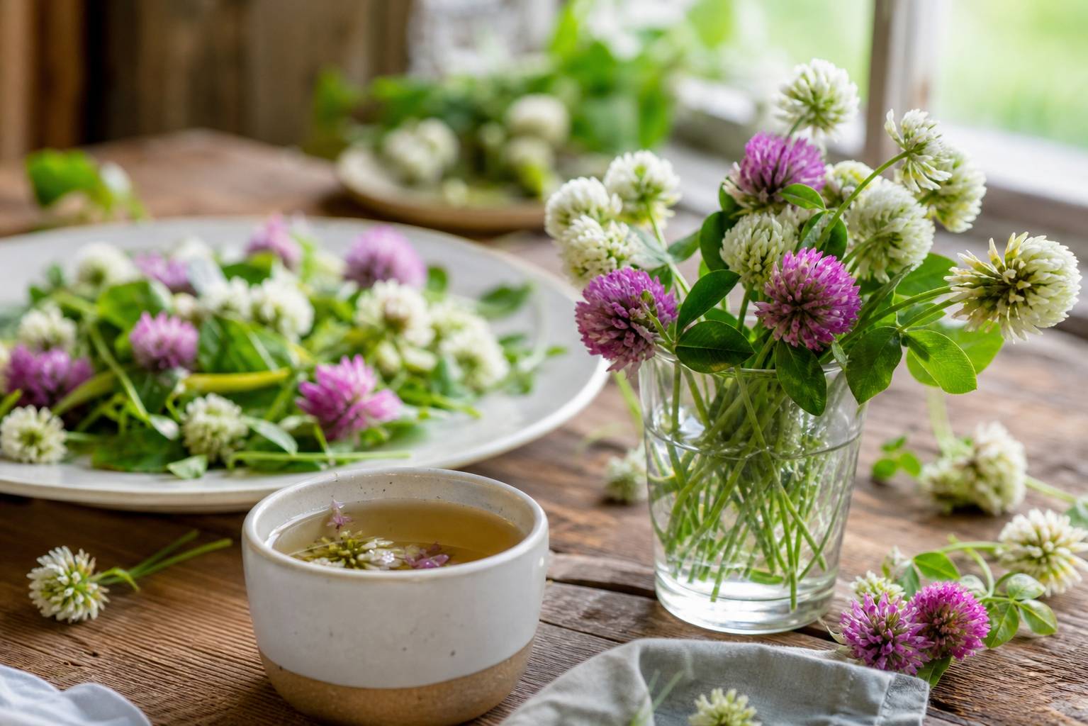 Fleurs de trèfle comestibles fraîches en cuisine sauvage