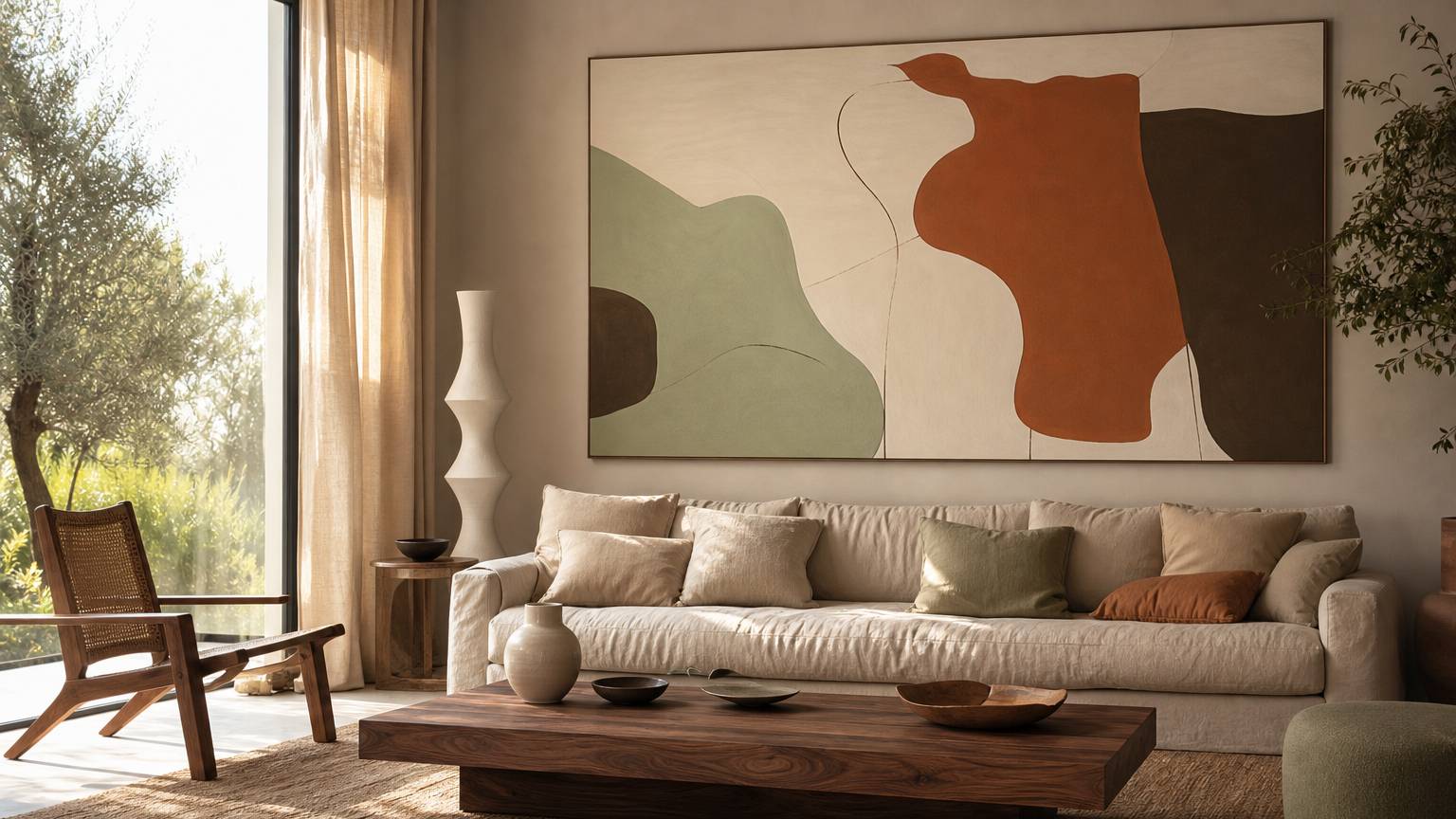 Grand mur de salon décoré avec tableau abstrait design et lumière naturelle