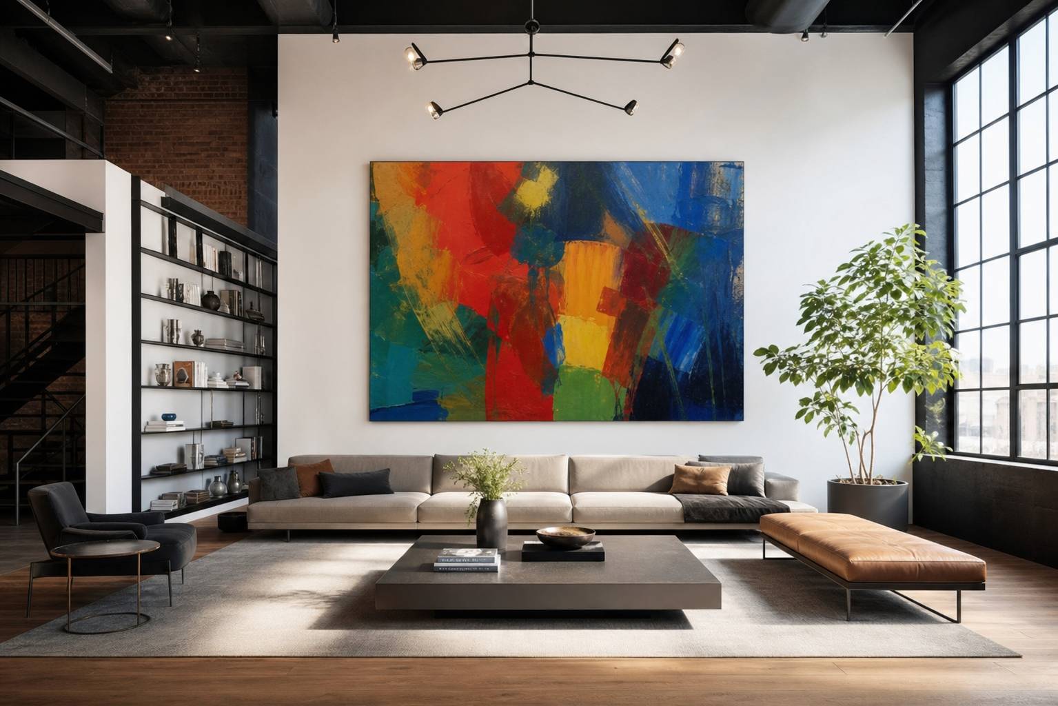 Salon loft avec grand mur blanc et tableau abstrait design