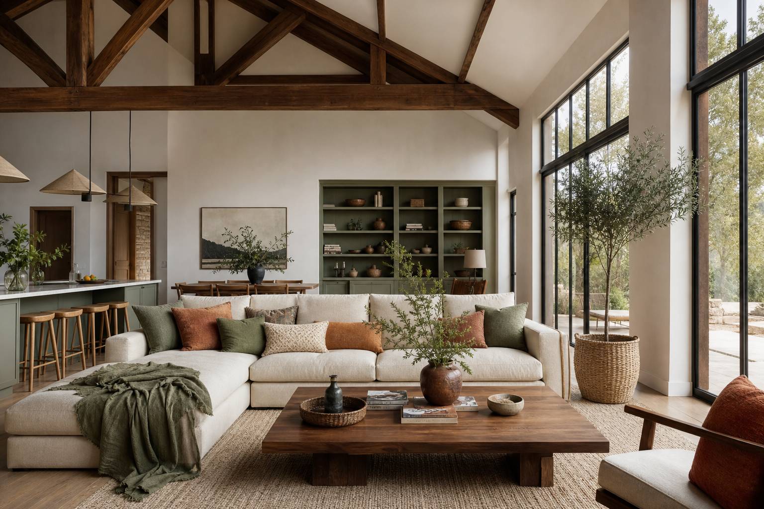 Grange transformée maison vacances poutres apparentes noyer déco lin sauge terracotta intérieur