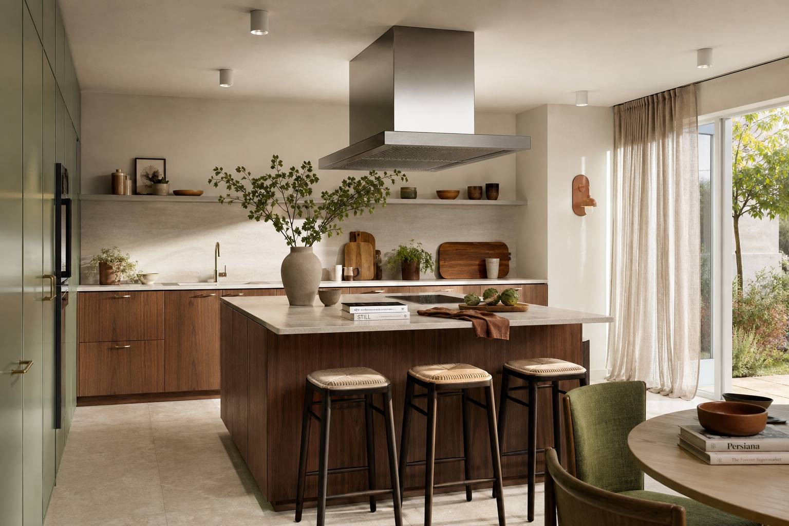 Cuisine design avec hotte suspendue acier au-dessus îlot central lumineux