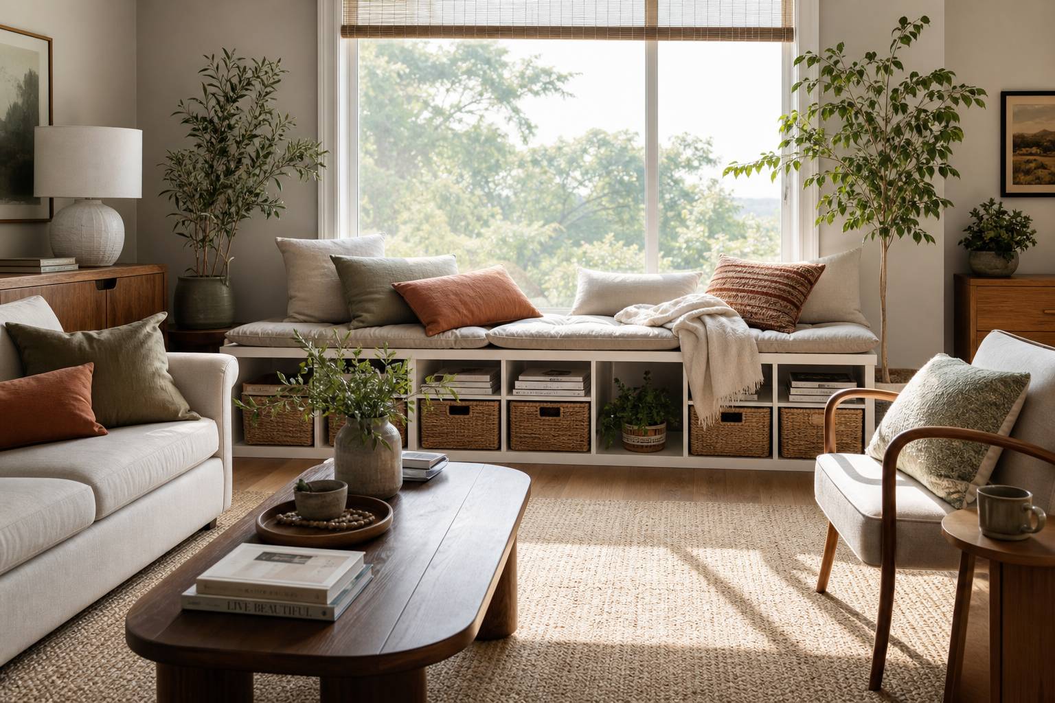 Meuble KALLAX IKEA détourné en banc avec coussins scandinave