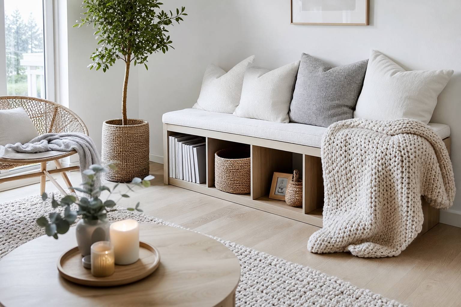 Meuble KALLAX IKEA détourné en banc avec coussins scandinave