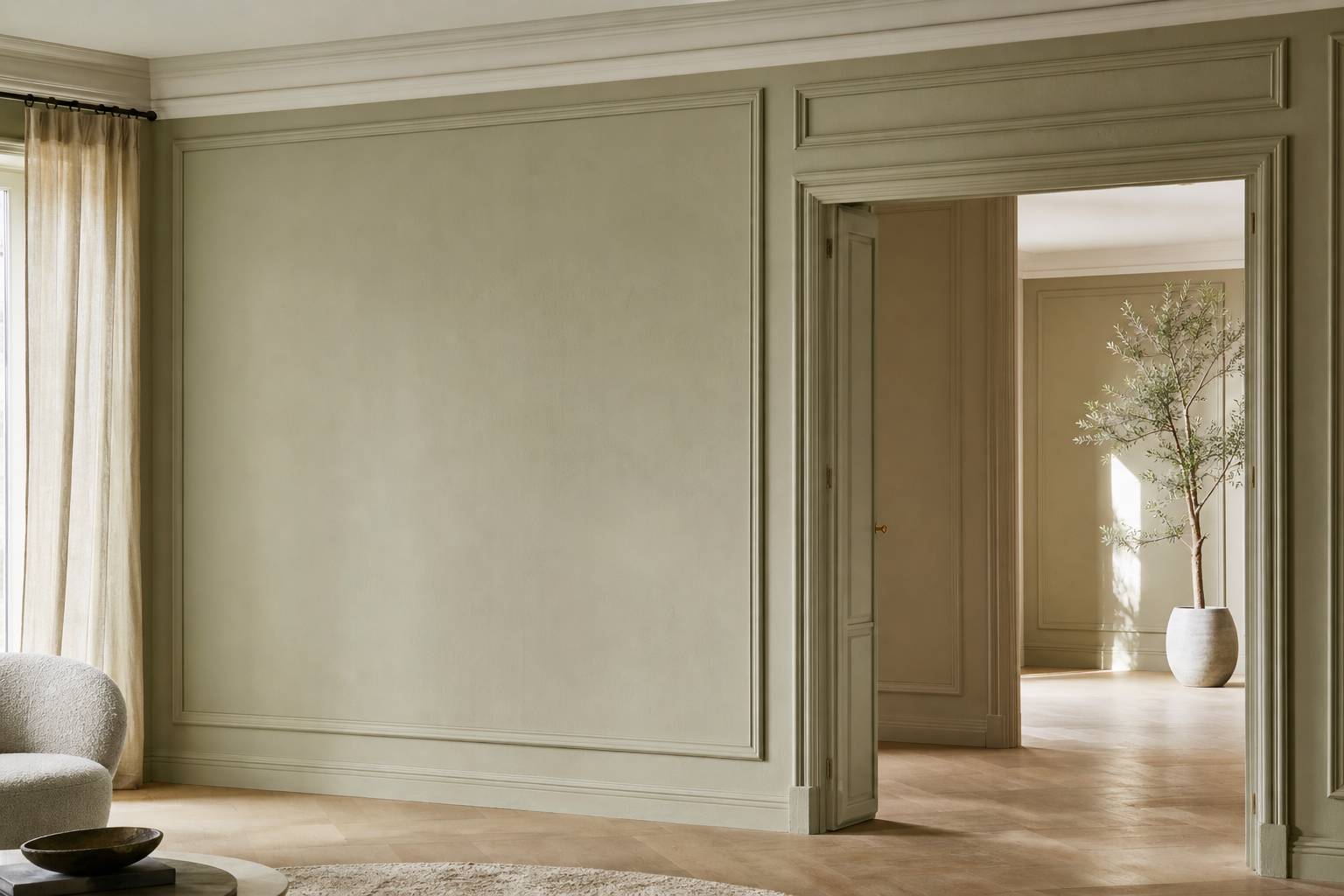 Mur decore de moulures elegantes peintes ton sur ton dans un salon lumineux raffin