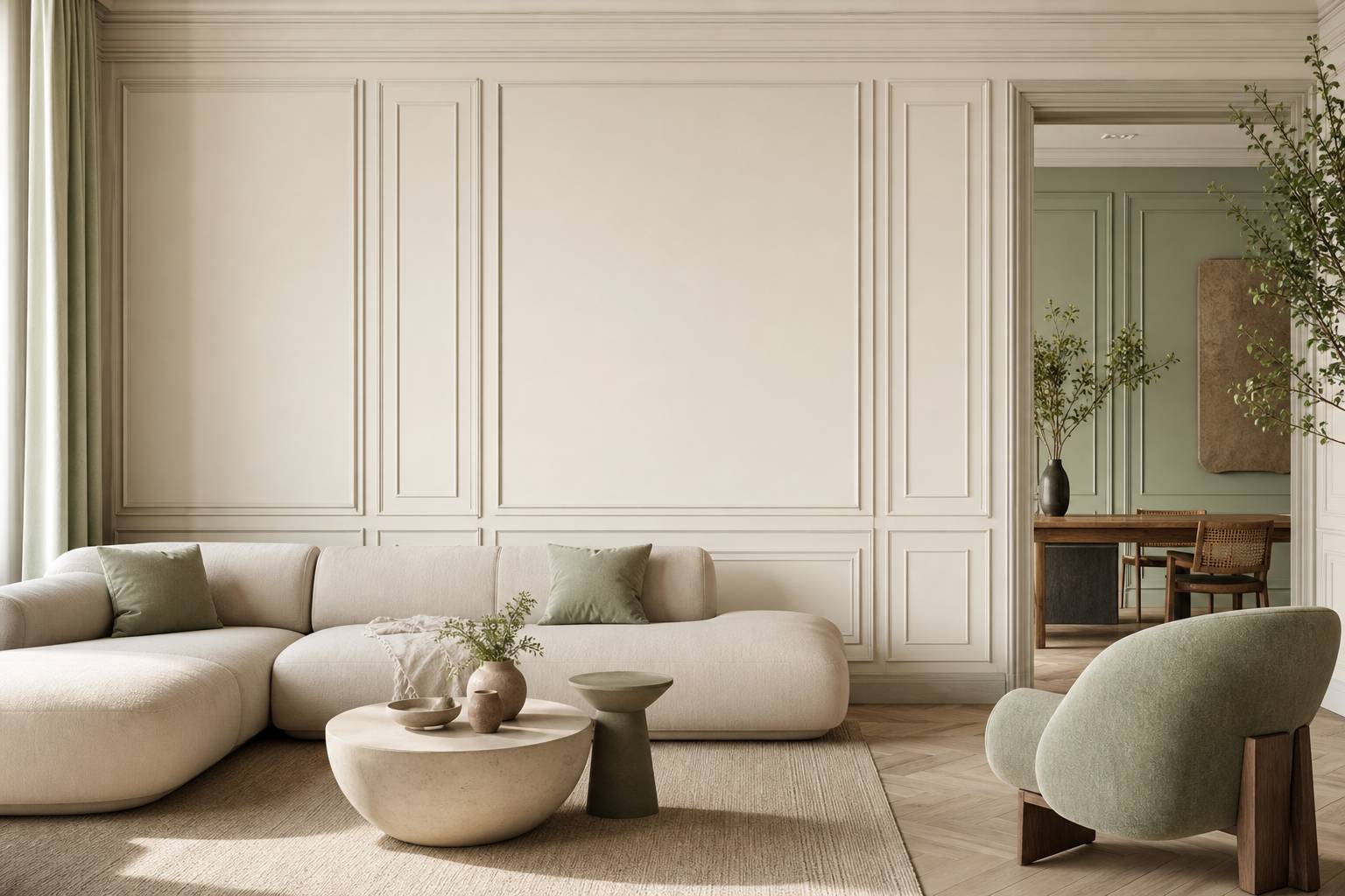 Mur avec moulures decoratives elegantes ton sur ton salon lumineux composition soignee