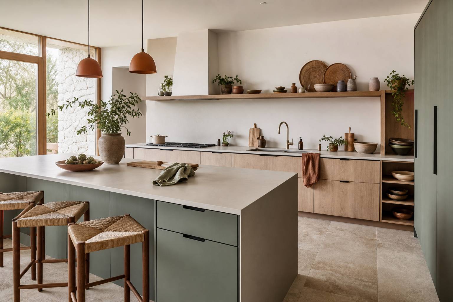 Cuisine design moderne avec plan de travail en resine et credence integree sans joint