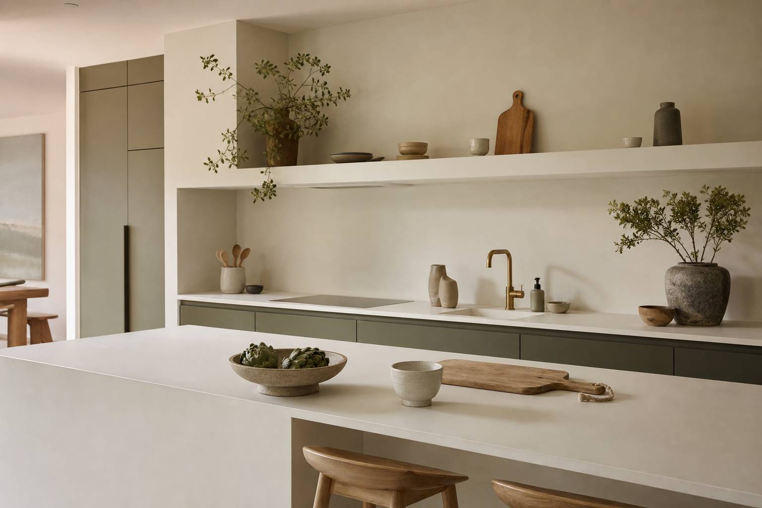 Cuisine moderne plan travail resine blanc credence integree lumiere naturelle minimaliste