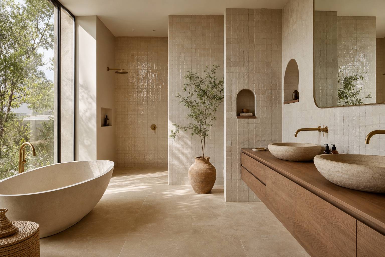 Salle de bains eclairee par la lumiere naturelle avec zellige artisanal marocain mural