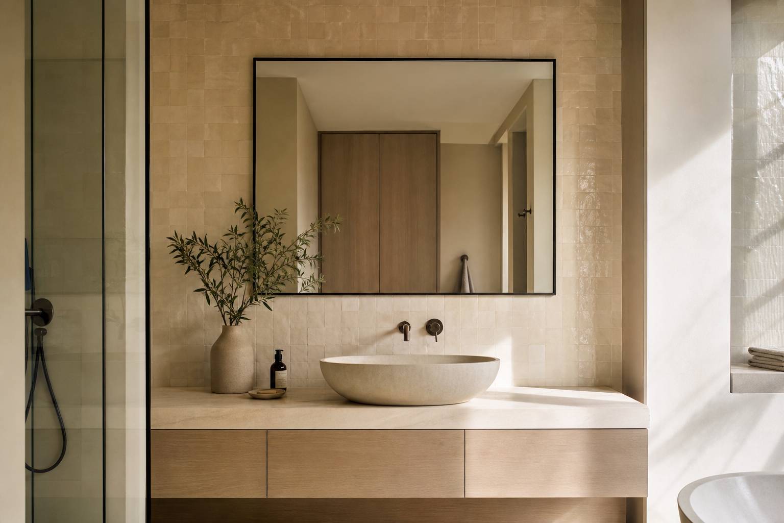 Salle de bains vasque miroir zellige artisanal marocain au mur lumiere naturelle douce