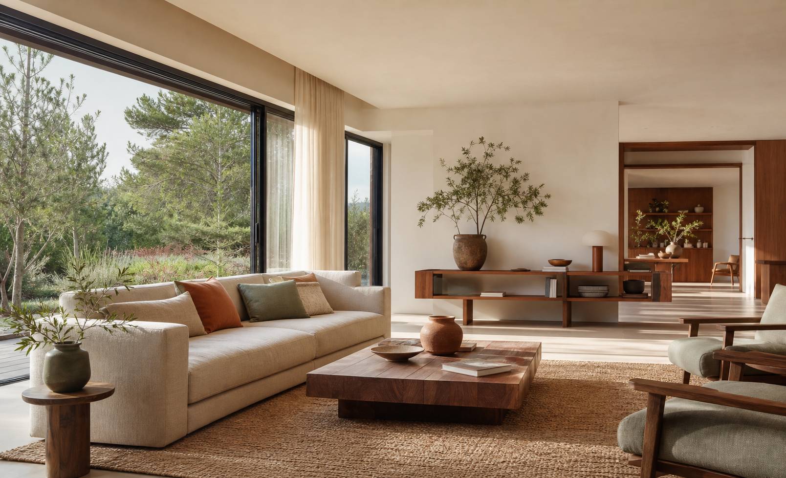 Salon lumineux d une maison sur mesure avec canape en lin et materiau naturel bois ceramique