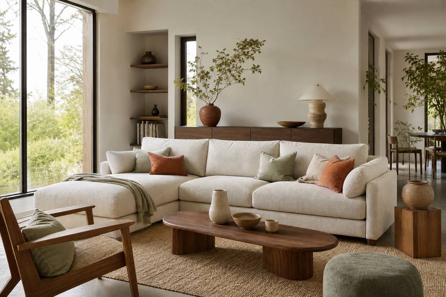 Interieur salon maison sur mesure canape lin vue ensemble matieres naturelles bois ceramique