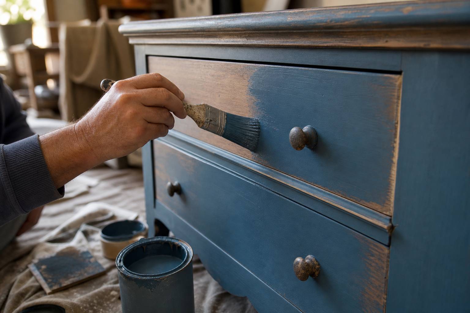 Personne peignant un meuble en bois bleu avec un pinceau
