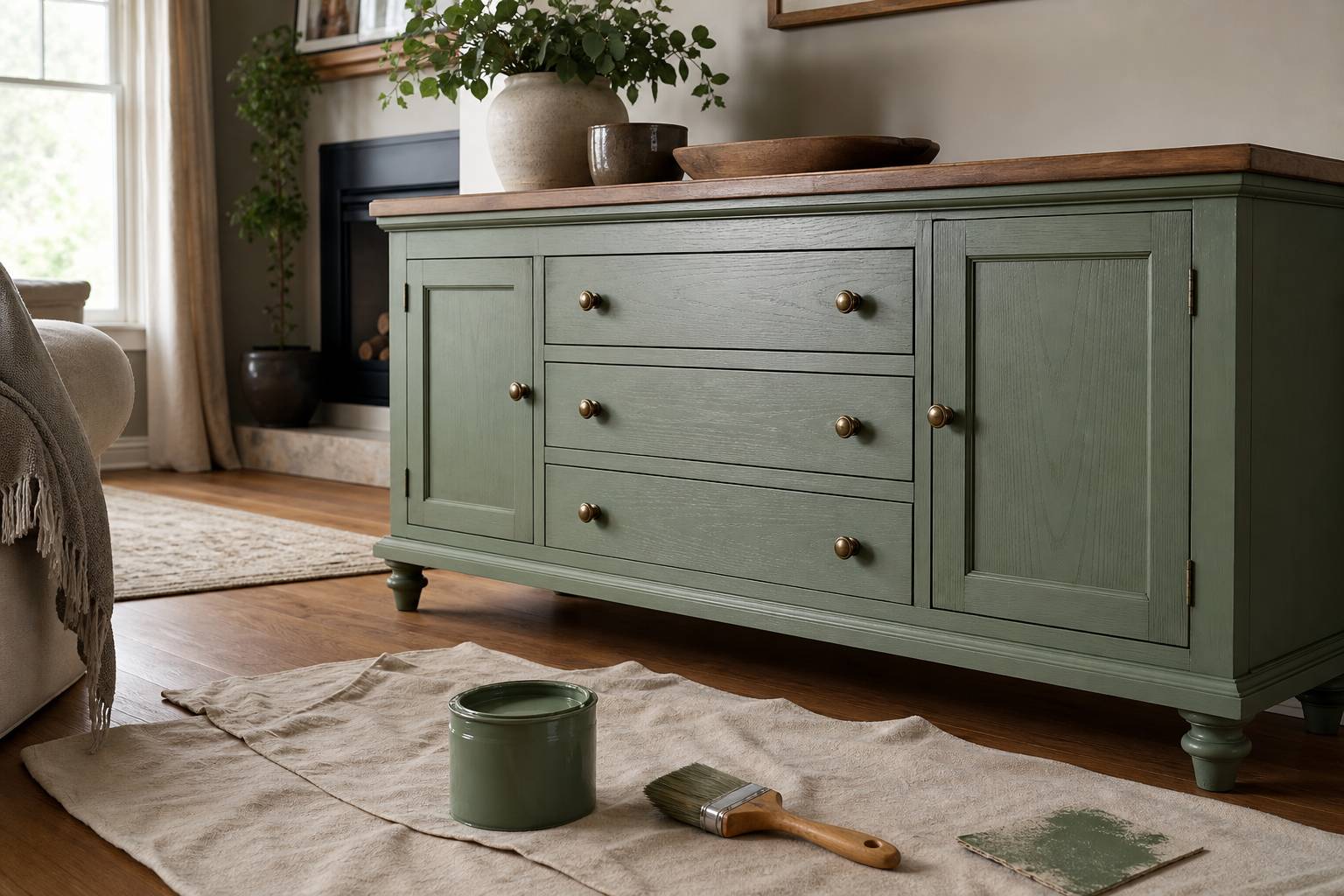 Meuble en bois relooké en vert sauge dans un salon chaleureux