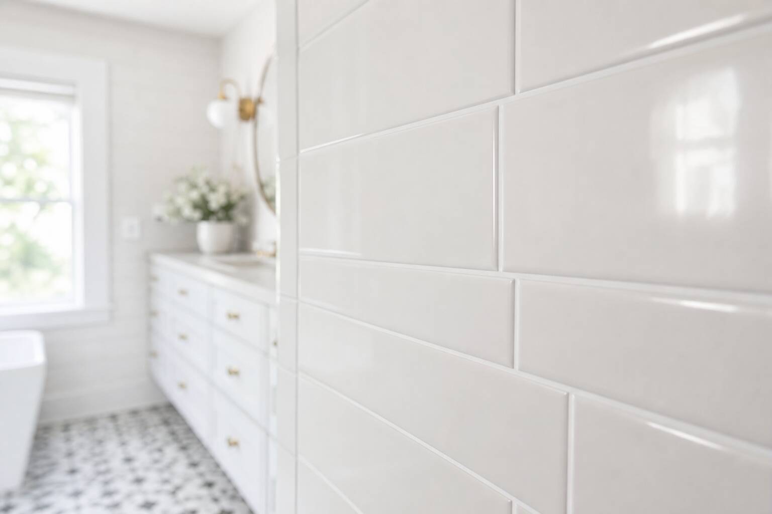 Joint de salle de bains blanc et impeccable après rénovation, carrelage mural propre, lumière naturelle
