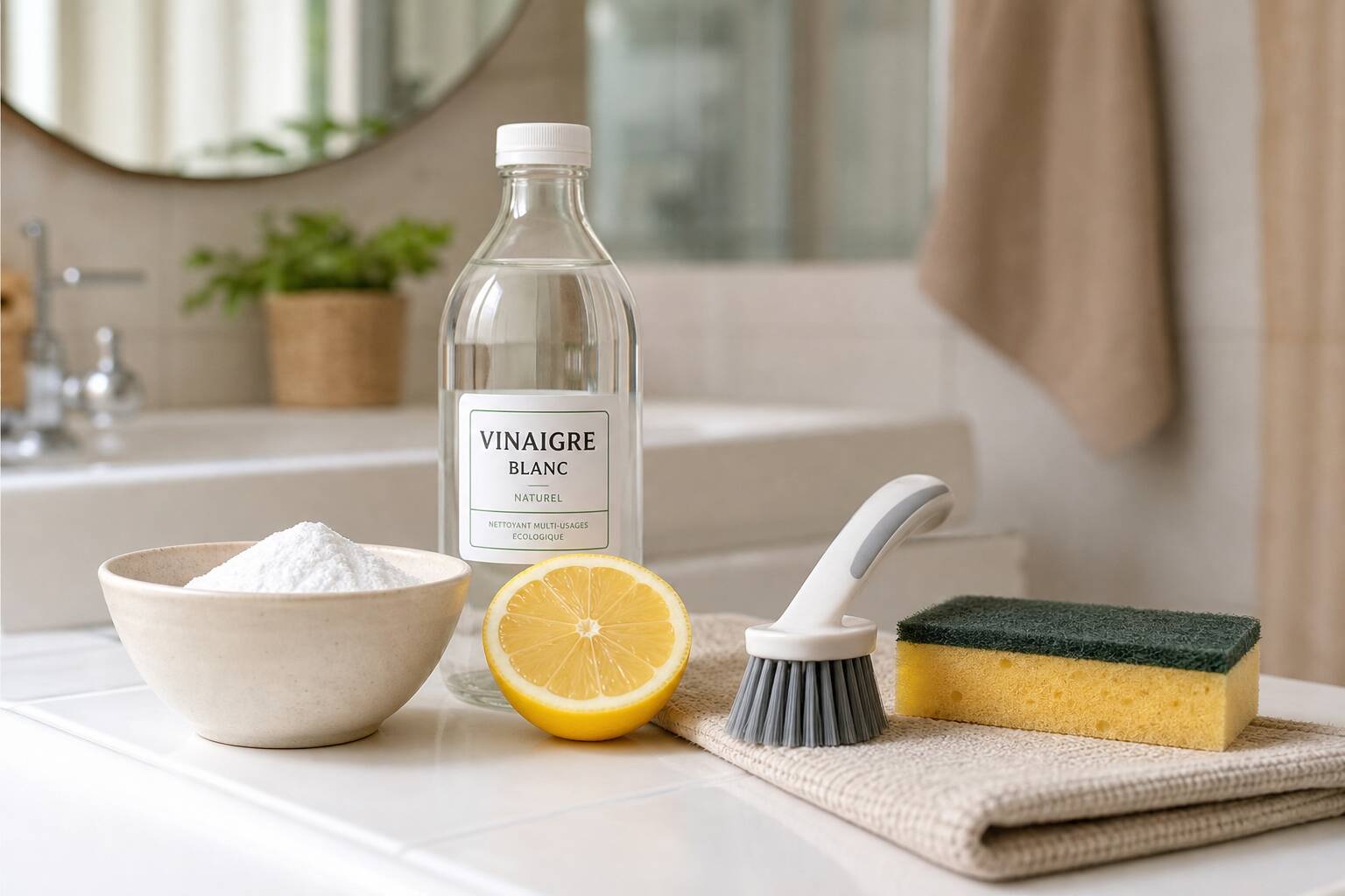 Produits ménagers naturels pour nettoyer les joints de salle de bain : bicarbonate, vinaigre, citron et brosse