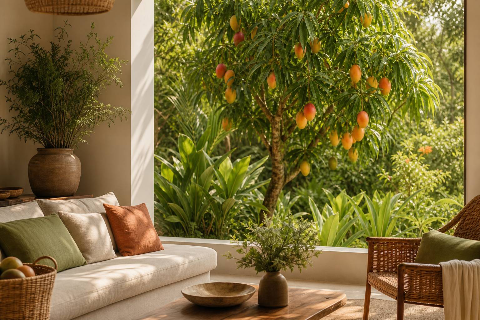 Manguier chargé de fruits mûrs dorés et rouges dans un jardin tropical ensoleillé