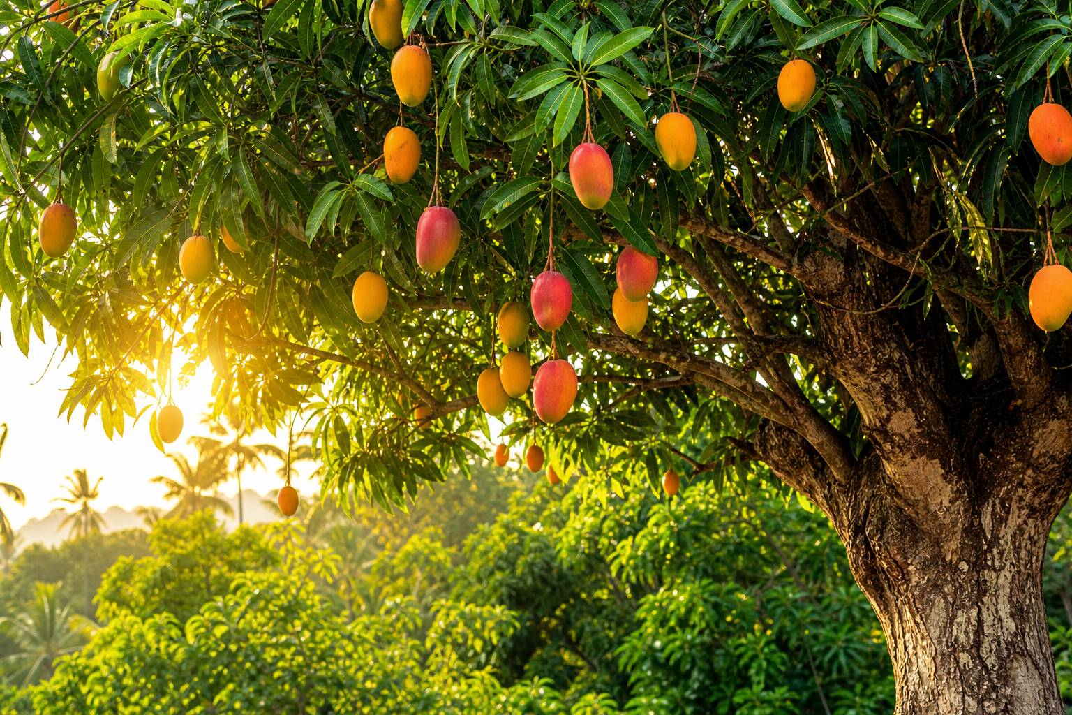 Manguier tropical avec mangues mûres jaunes et rouges