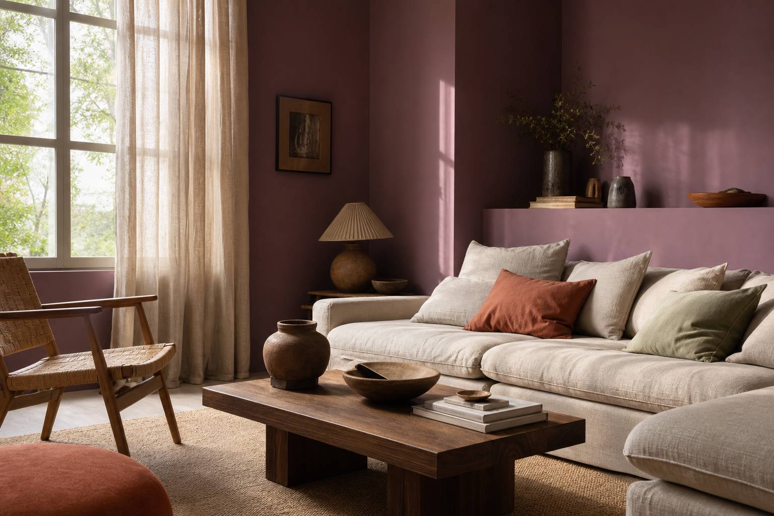 Salon élégant aux murs violets avec canapé beige, table basse bois et lumière naturelle latérale