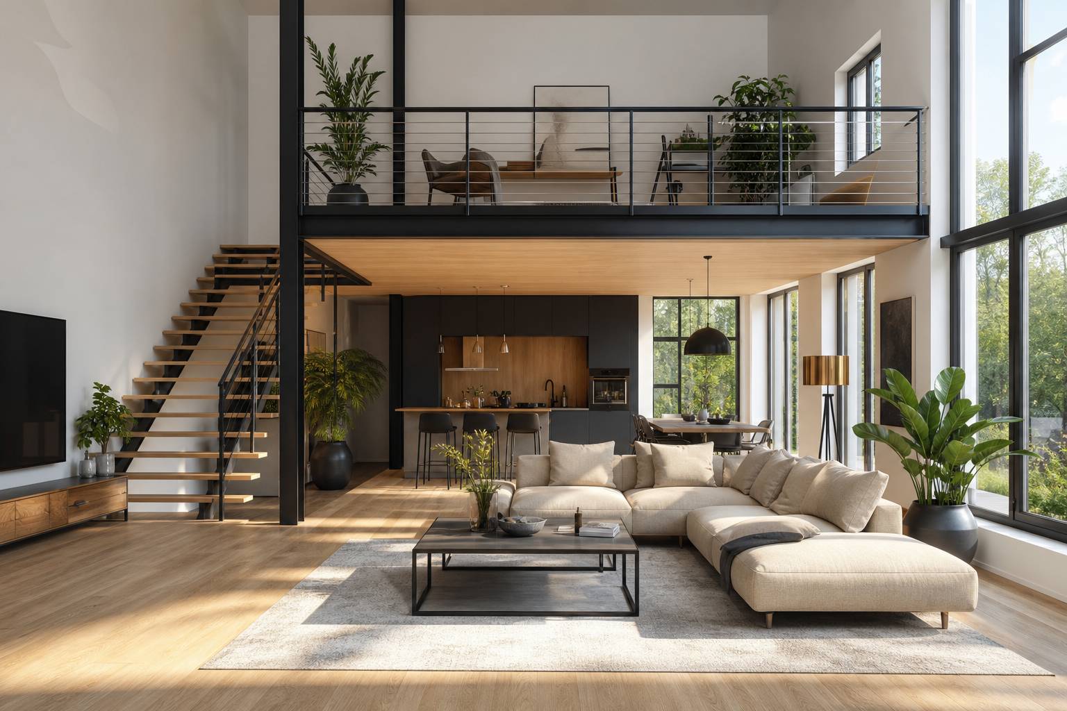 Mezzanine fonctionnelle et élégante en bois et métal noir dans un salon lumineux design intérieur