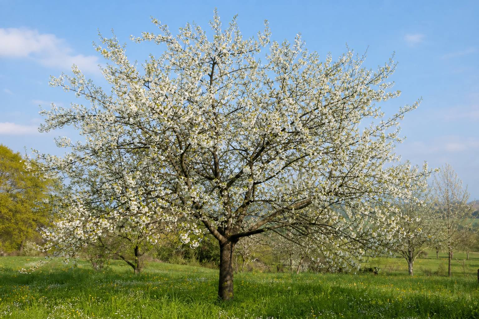 Mirabellier en fleurs dans un verger printanier
