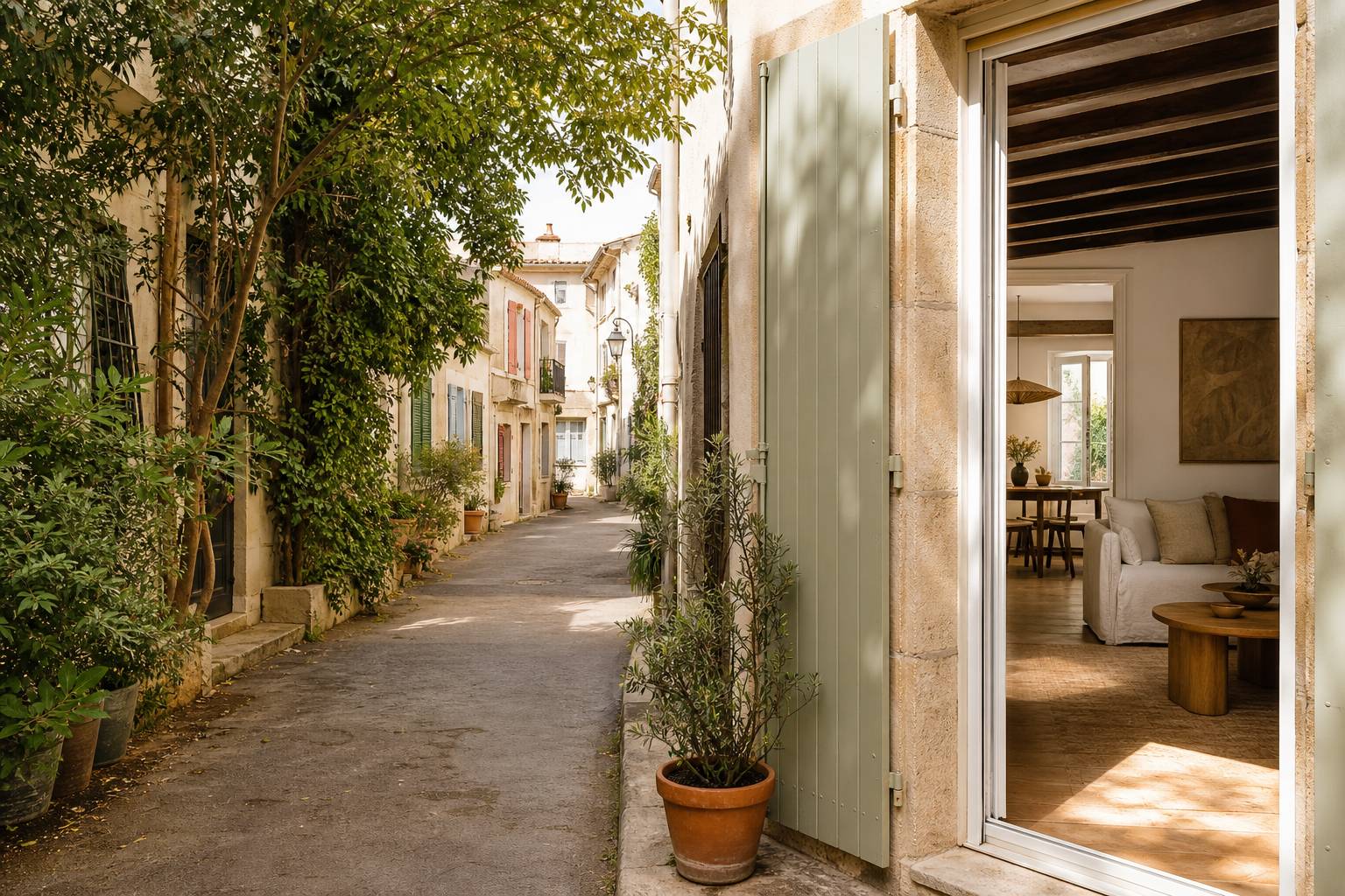 Quartier résidentiel méditerranéen à Montpellier, ruelle calme aux façades en pierre et volets bois
