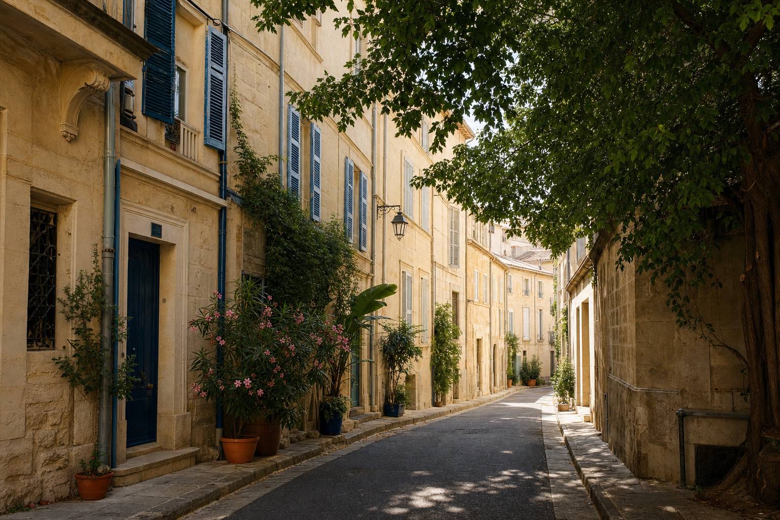 Ruelle ombragée de Montpellier avec plantes vertes et pot de fleurs en céramique