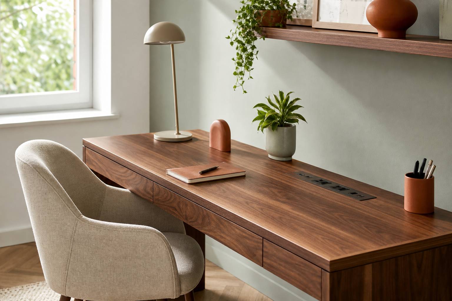 Multiprise design élégant bureau noyer chaise lin mur sauge décoration moderne intérieur lumineux