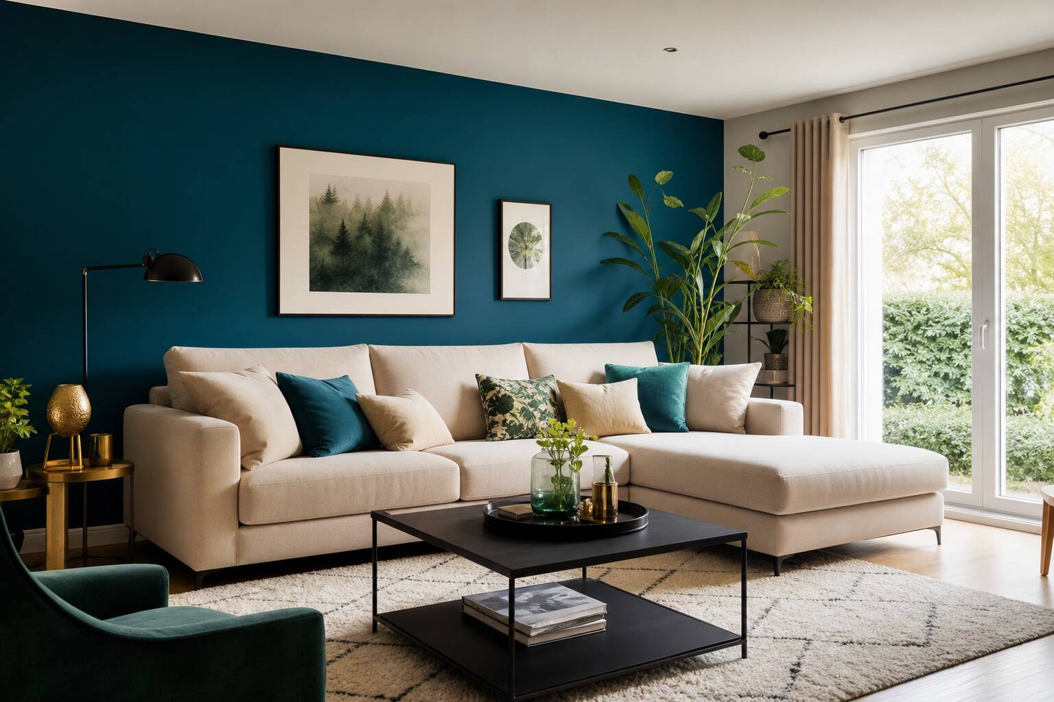 Mur d'accent bleu profond dans un salon moderne avec canapé beige, décoration intérieure élégante
