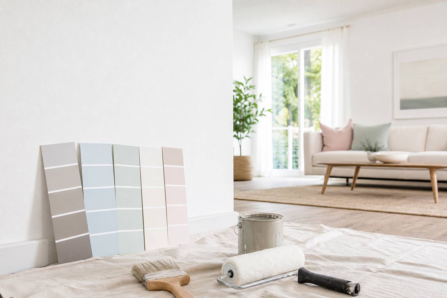 Pots de peinture ouverts et pinceaux près d'un mur blanc dans un salon lumineux, décoration intérieure
