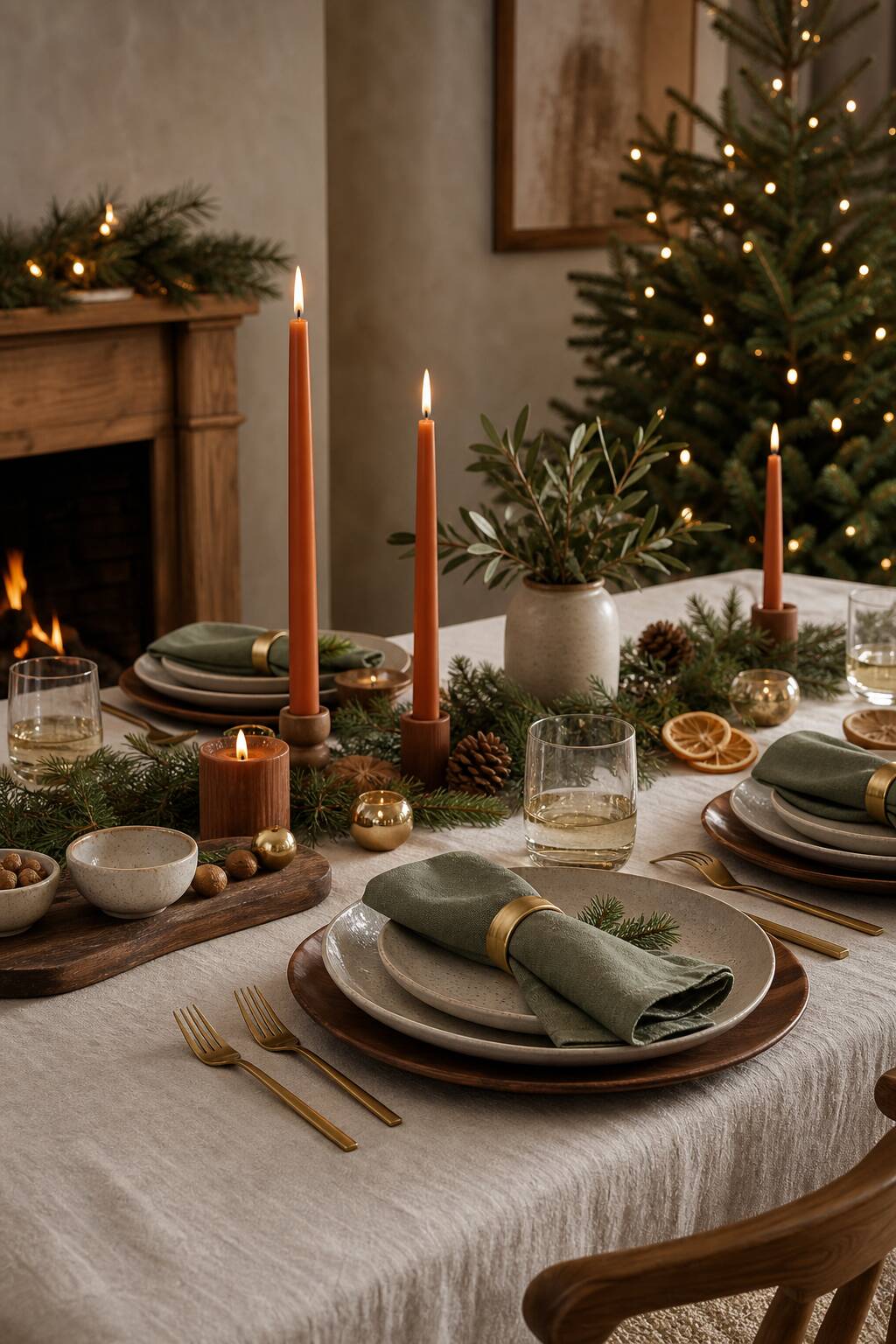 Table de Noël moderne avec palette lin sauge terracotta noyer, déco 2025