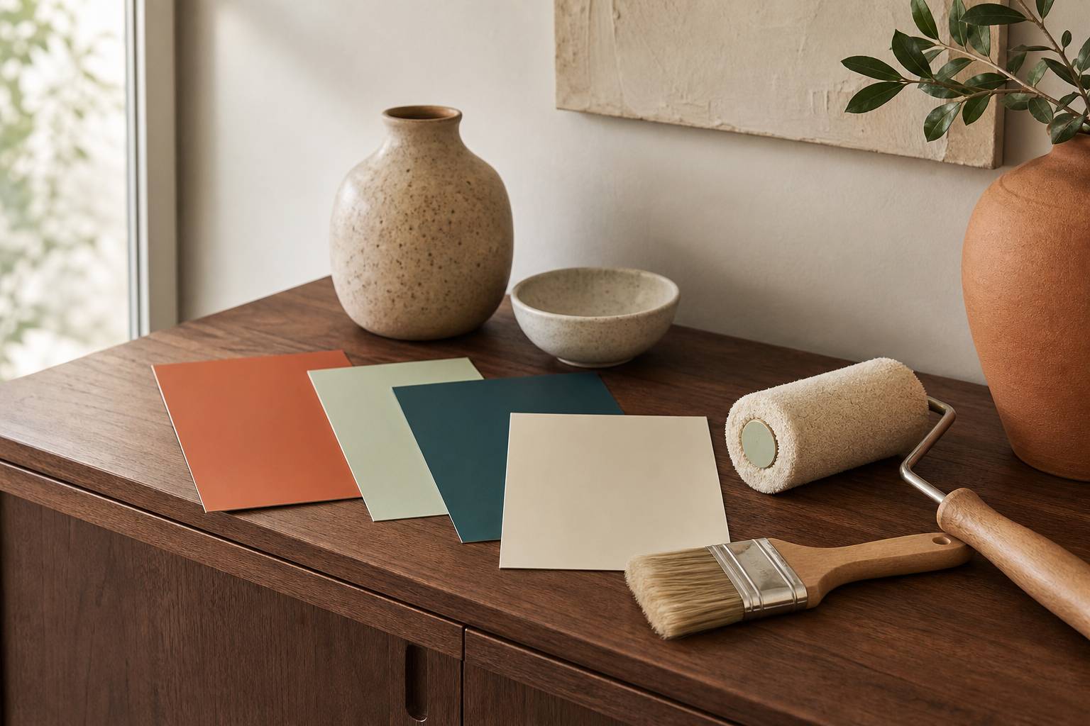 Nuancier de peinture avec pinceau et rouleau pour toilettes tons tendance
