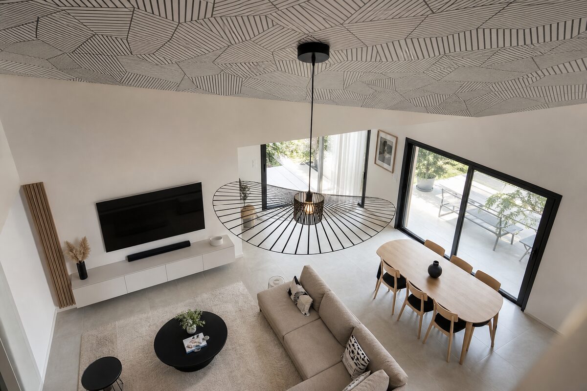 Plafond décoré papier peint motif géométrique avec suspension design