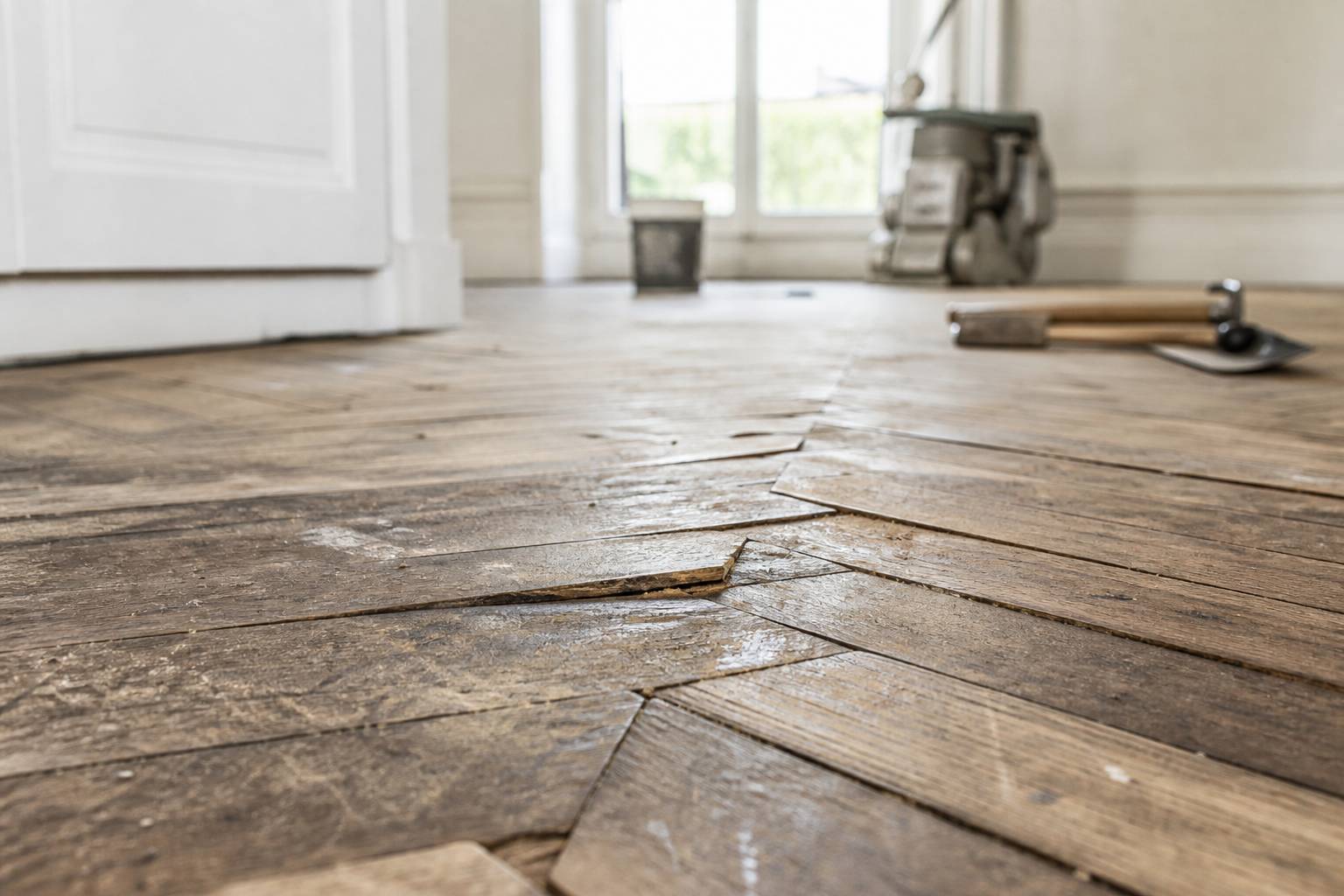 Parquet abime rayures taches avant renovation bois use latte endommagee renovation sol Palette Maison