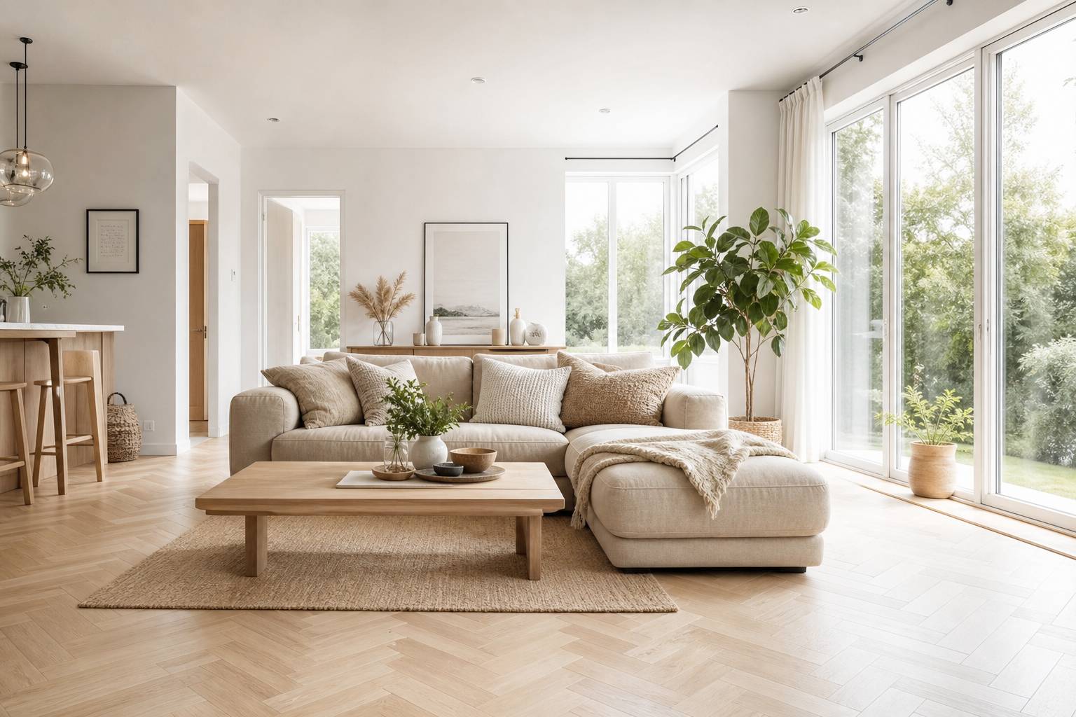 Salon scandinave lumineux avec parquet blanc à chevrons
