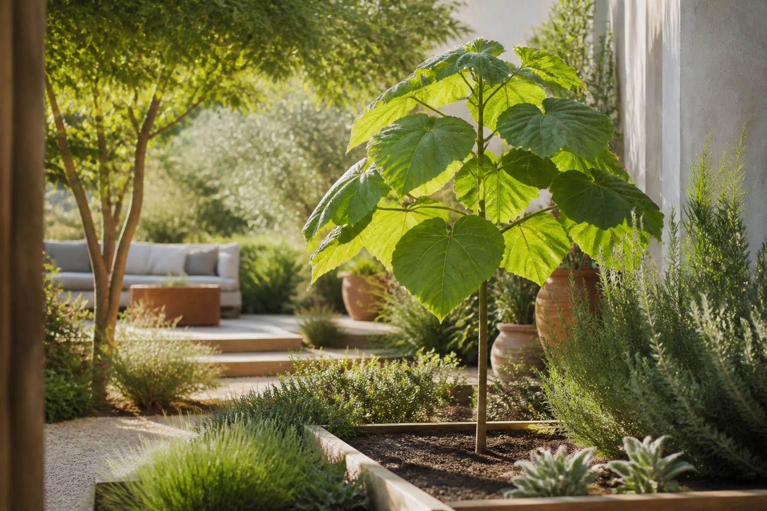 Jeune paulownia jardin pleine terre feuilles vertes plantation arbre croissance extérieur