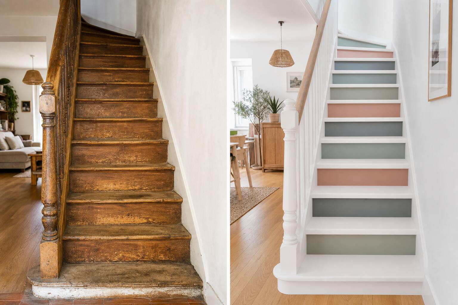 Escalier bois peint rénovation intérieure peinture marche contremarche décoration maison